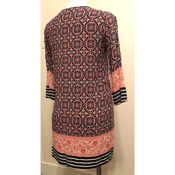 IRIS Pink Navy Print 3/4 Sleeve V-Neck Rayon Shift Mini Dress Tunic Top Large - Picture 5 of 9